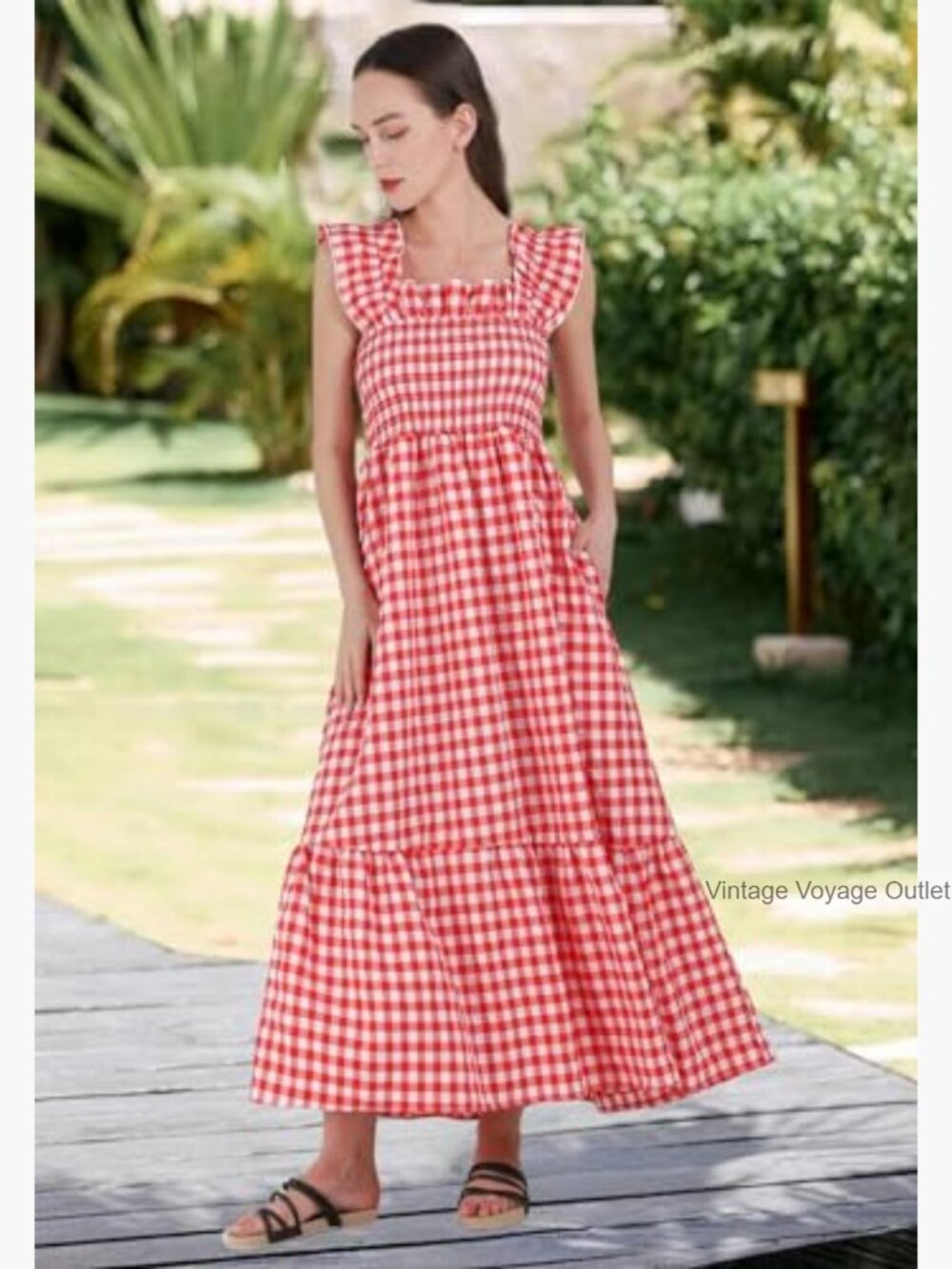 Sleeveless Smocked Plaid Maxi Dress Flowy Ruffle Boho Casual - Picture 2 of 6